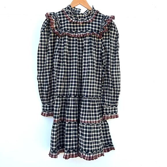 Ulla Johnson Elm Dress Checkered Plaid High Neck Twee 4 Mini Eclipse Long Sleeve - Picture 6 of 13